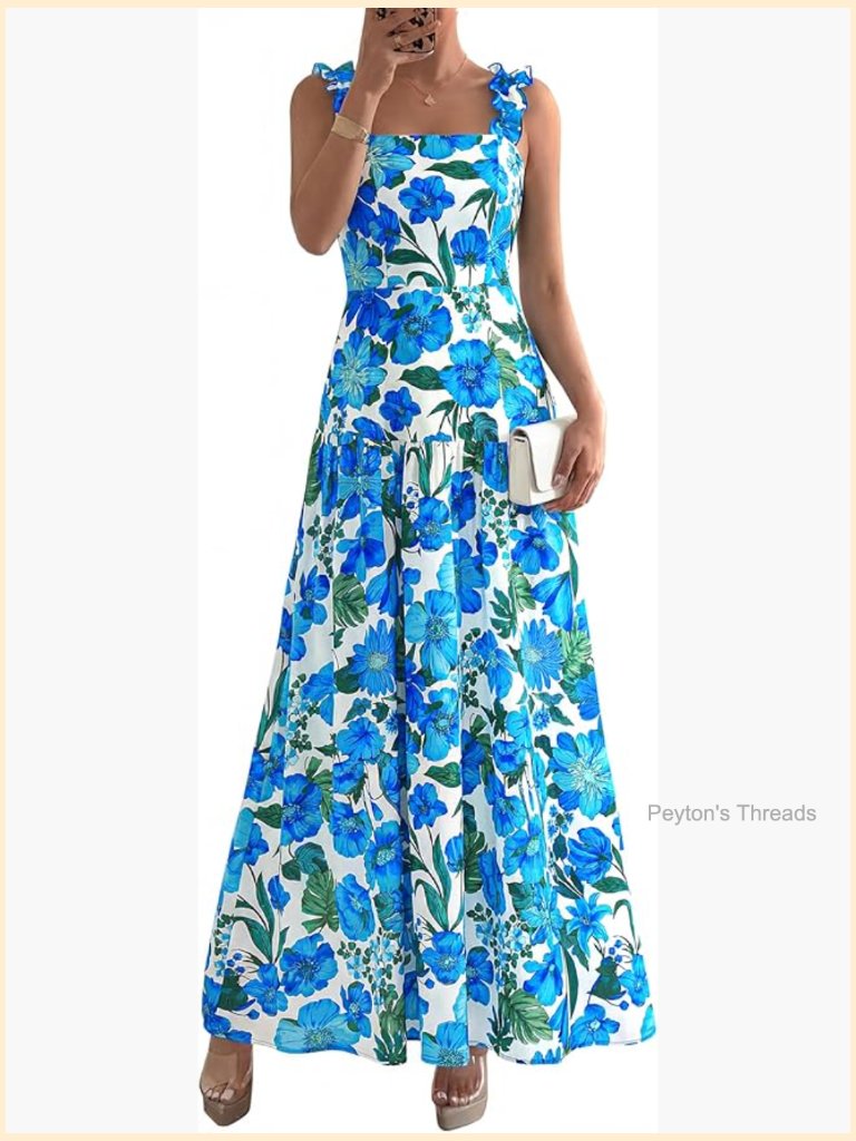 Sleeveless Square Neck Smocked Back Floral Maxi Formal Wedding Guest Dress